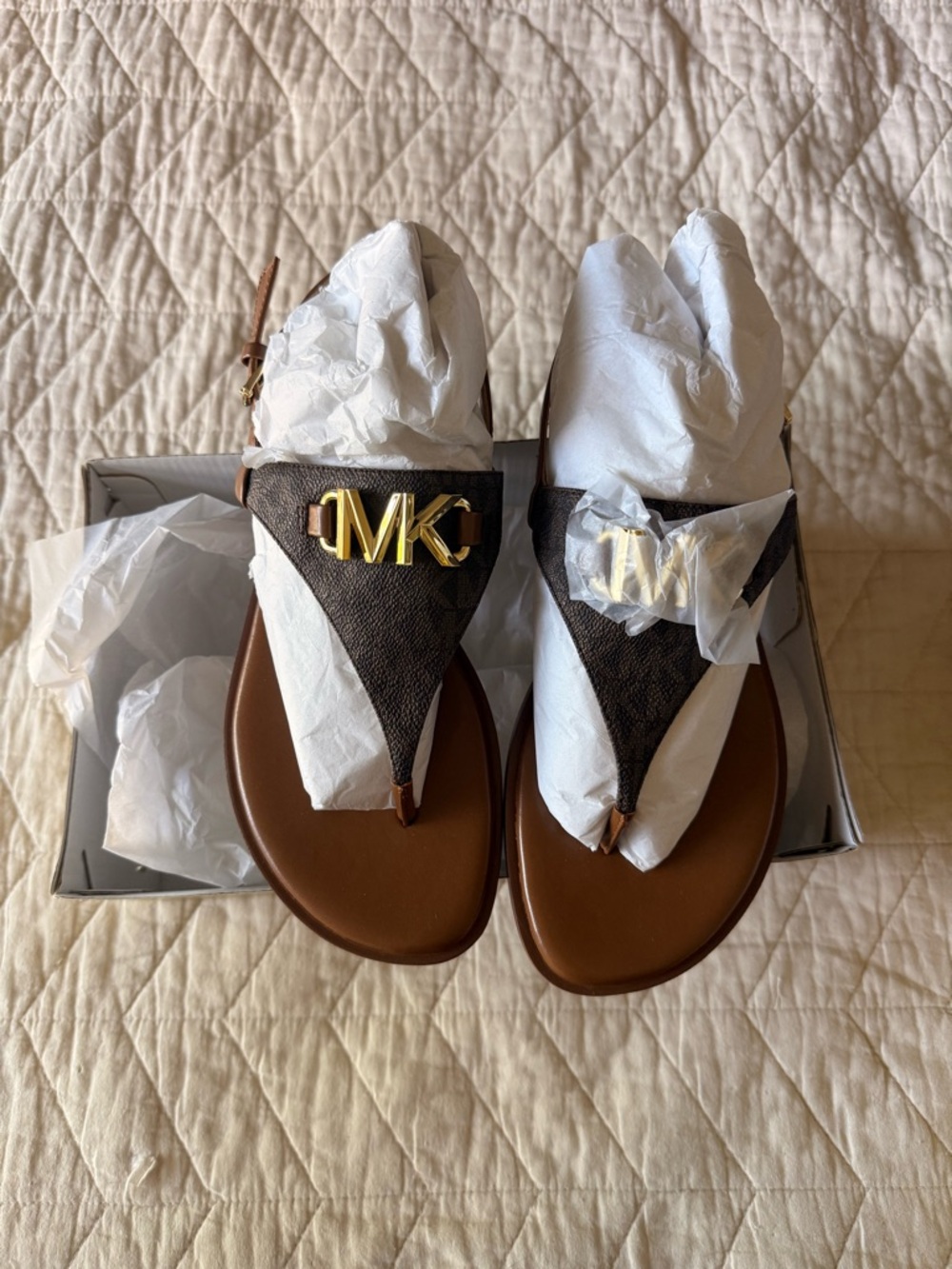 Michael Kors Brown and Gold Logo Thong Sandals - Women's
